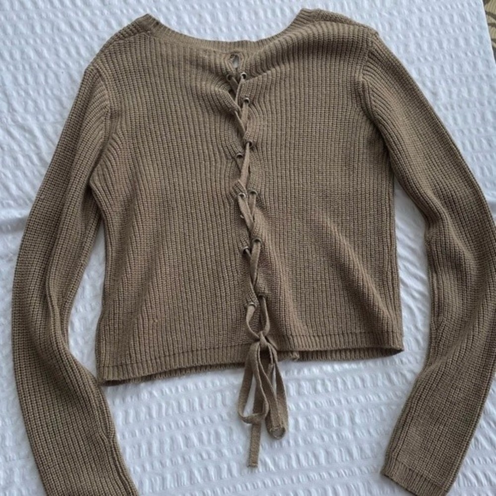 Ambiance Apparel Lace Up Back Sweater